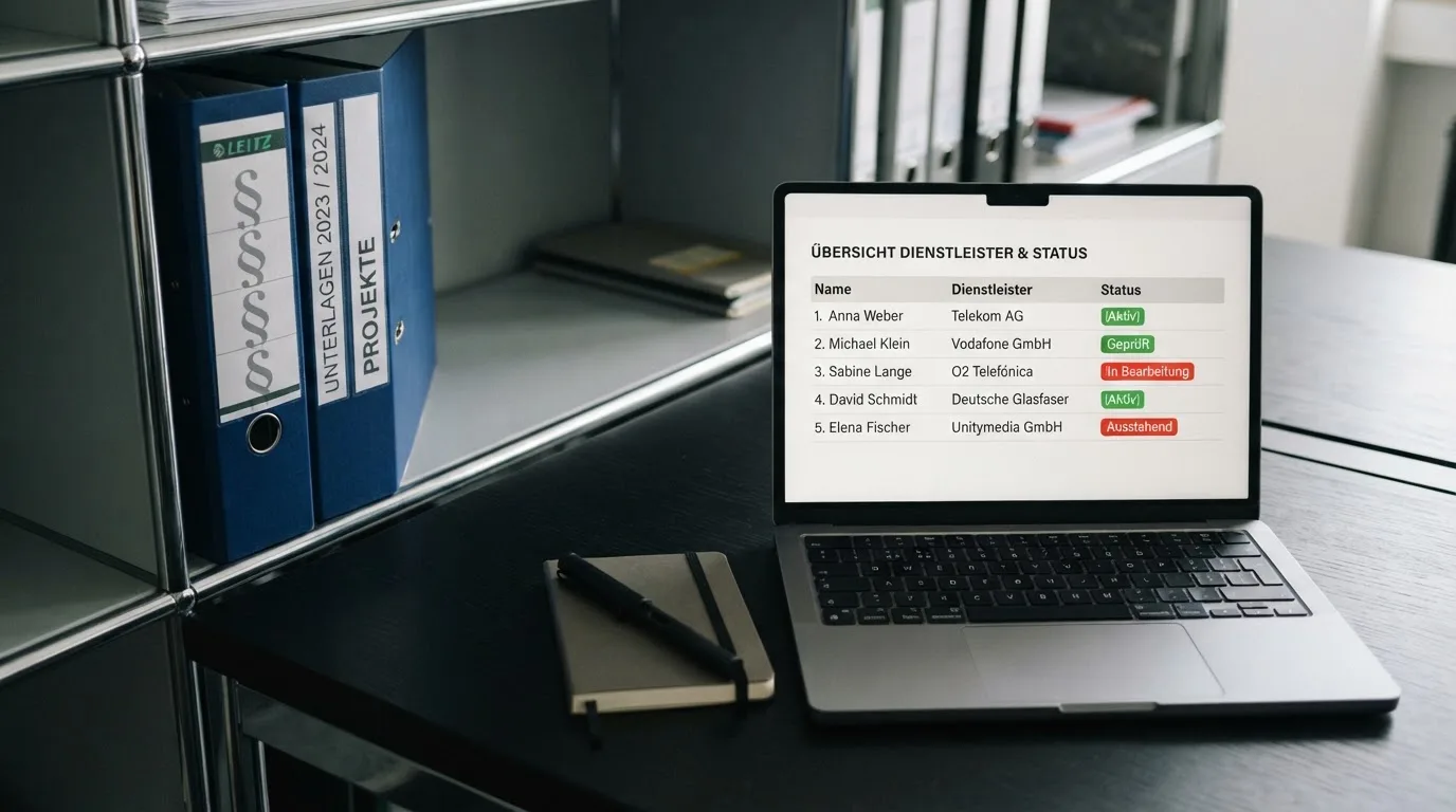 Nahaufnahme eines Aktenordners mit Paragraphenzeichen auf dem Ruecken, daneben ein aufgeklapptes Notebook mit einer Uebersichtsliste lizenzierter Anbieter.