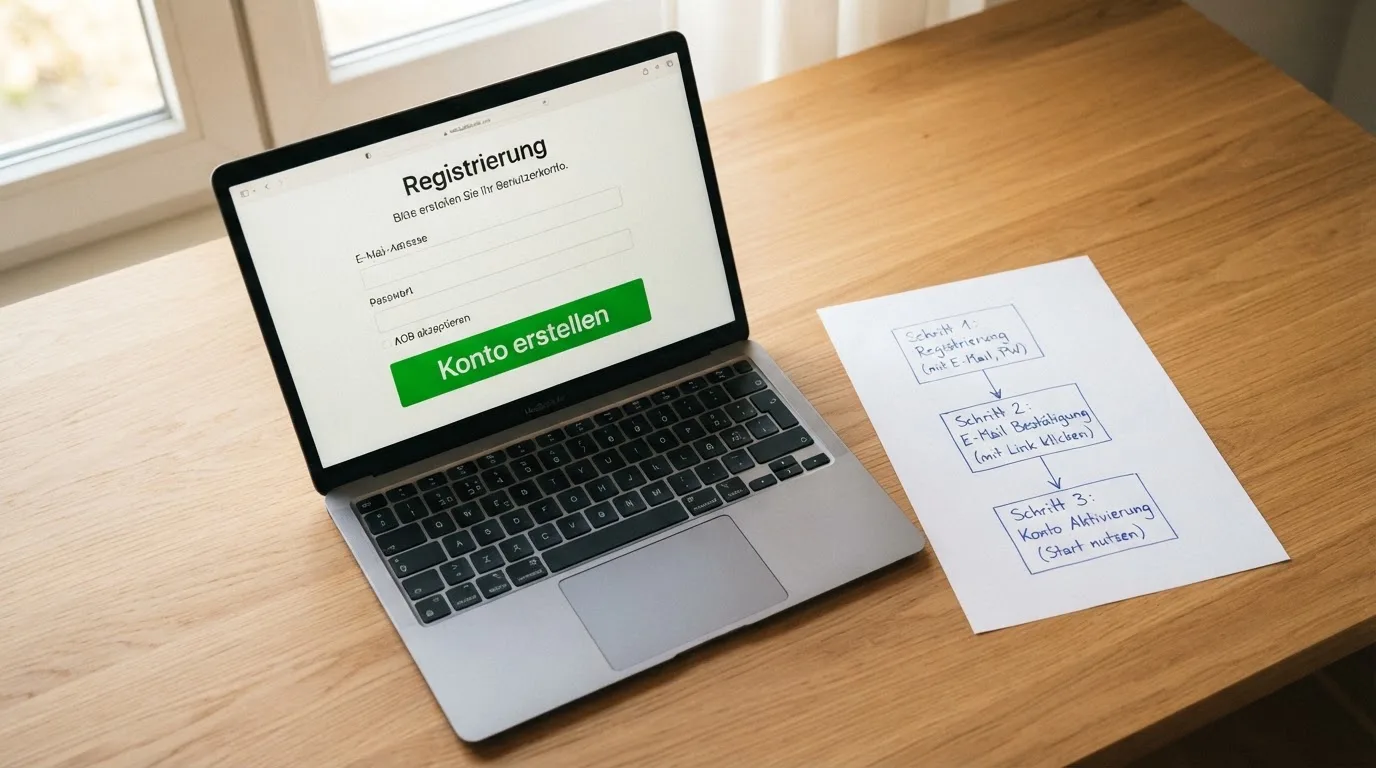 Nahaufnahme eines Laptop-Bildschirms mit einem Formular zur Kontoeroeffnung, daneben ein Blatt Papier mit einer handgezeichneten Ablaufskizze.