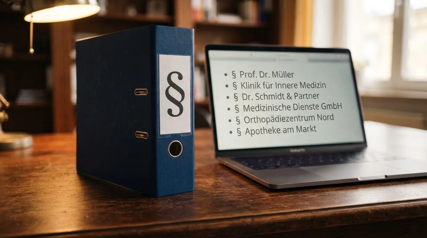 Nahaufnahme eines Aktenordners mit Paragraphenzeichen auf dem Ruecken, daneben ein aufgeklapptes Notebook mit einer Uebersichtsliste lizenzierter Anbieter.