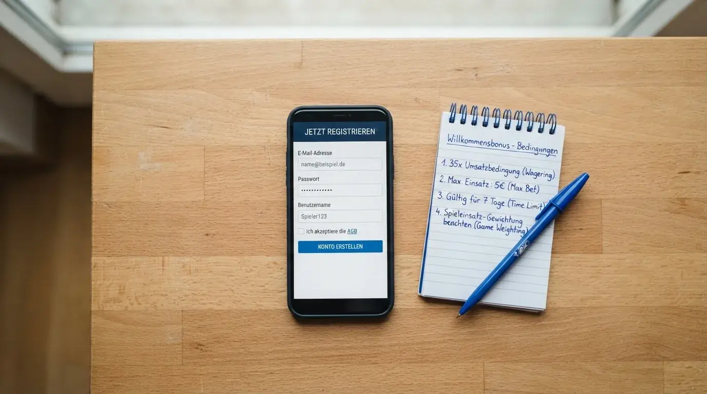 Draufsicht auf ein Smartphone mit einer geoeffneten Registrierungsmaske fuer ein Spielerkonto, daneben ein Notizblock mit handschriftlichen Bonusbedingungen.
