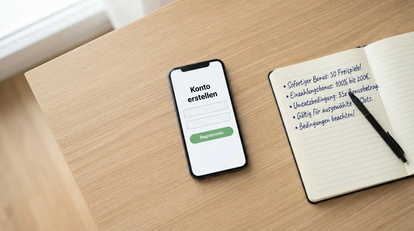 Draufsicht auf ein Smartphone mit einer geoeffneten Registrierungsmaske fuer ein Spielerkonto, daneben ein Notizblock mit handschriftlichen Bonusbedingungen.