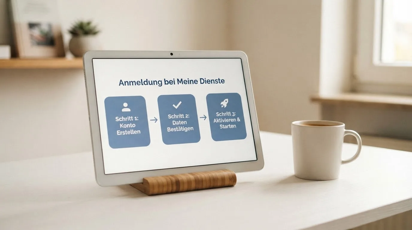 Schreibtisch mit einem Tablet, auf dem ein Schema mit nummerierten Schritten eines Anmeldevorgangs zu sehen ist, daneben ein Kaffeebecher.
