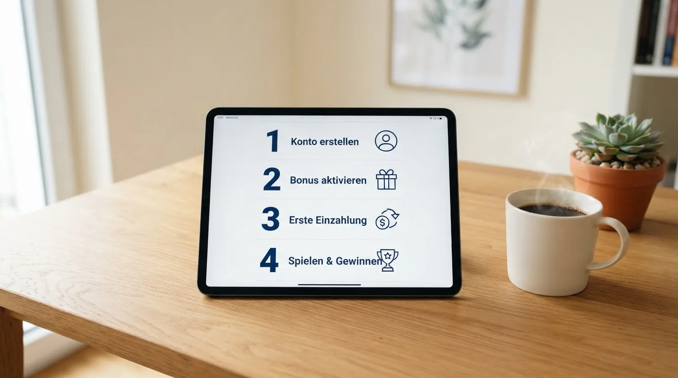 Schreibtisch mit einem Tablet, auf dem ein Schema mit nummerierten Schritten eines Anmeldevorgangs zu sehen ist, daneben ein Kaffeebecher.