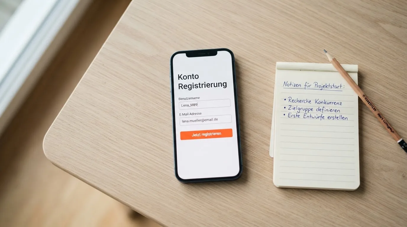 Draufsicht auf ein Smartphone mit einer geoeffneten Registrierungsmaske fuer ein Spielerkonto, daneben ein Notizblock mit handschriftlichen Bonusbedingungen.