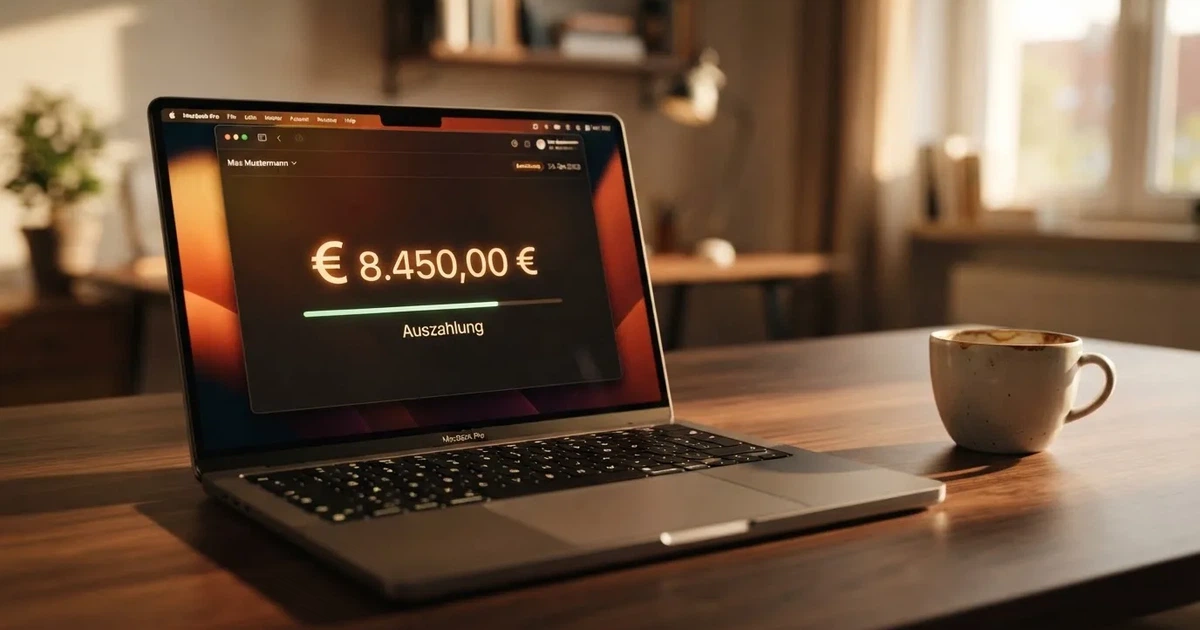 Nahaufnahme eines Laptop-Bildschirms mit einer Kontouebersicht, auf der ein Guthabenbetrag in Euro und ein Auszahlungsstatus zu sehen sind.