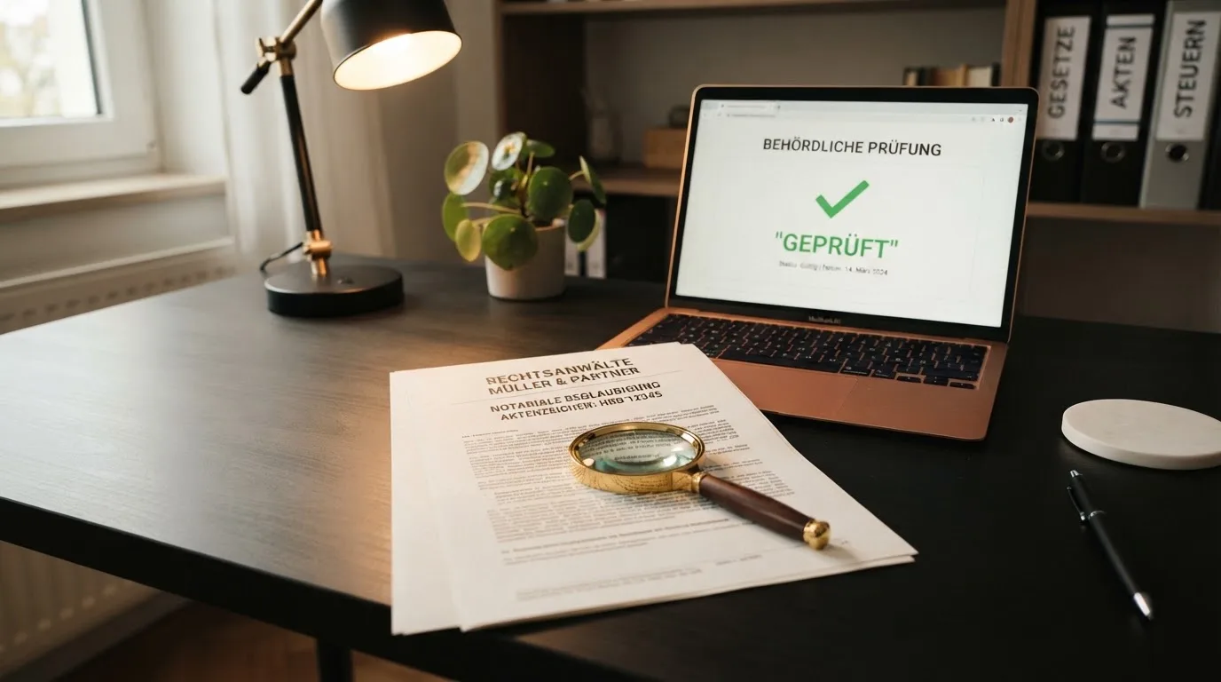 Schreibtisch mit einem ausgedruckten Gesetzestext, einer Lupe und einem Laptop, auf dessen Bildschirm eine Behoerdenwebsite mit einer Liste erlaubter Anbieter zu sehen ist.