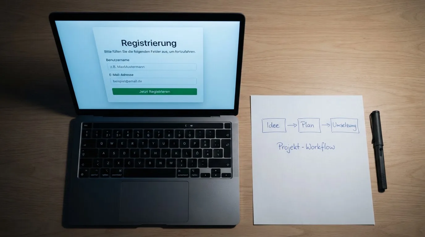 Nahaufnahme eines Laptop-Bildschirms mit einem Formular zur Kontoeroeffnung, daneben ein Blatt Papier mit einer handgezeichneten Ablaufskizze.