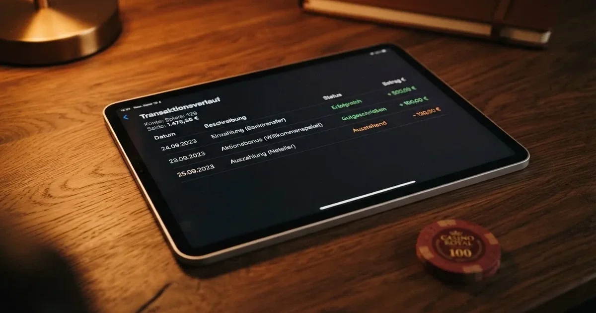Nahaufnahme eines Tablet-Bildschirms mit einer Transaktionsliste, in der Einzahlung, Bonusgutschrift und Auszahlungsstatus untereinander aufgefuehrt sind.
