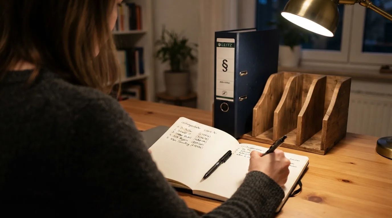 Nahaufnahme eines Aktenordners mit Paragraphenzeichen auf dem Ruecken, daneben ein aufgeklapptes Notebook mit einer Uebersichtsliste lizenzierter Anbieter.