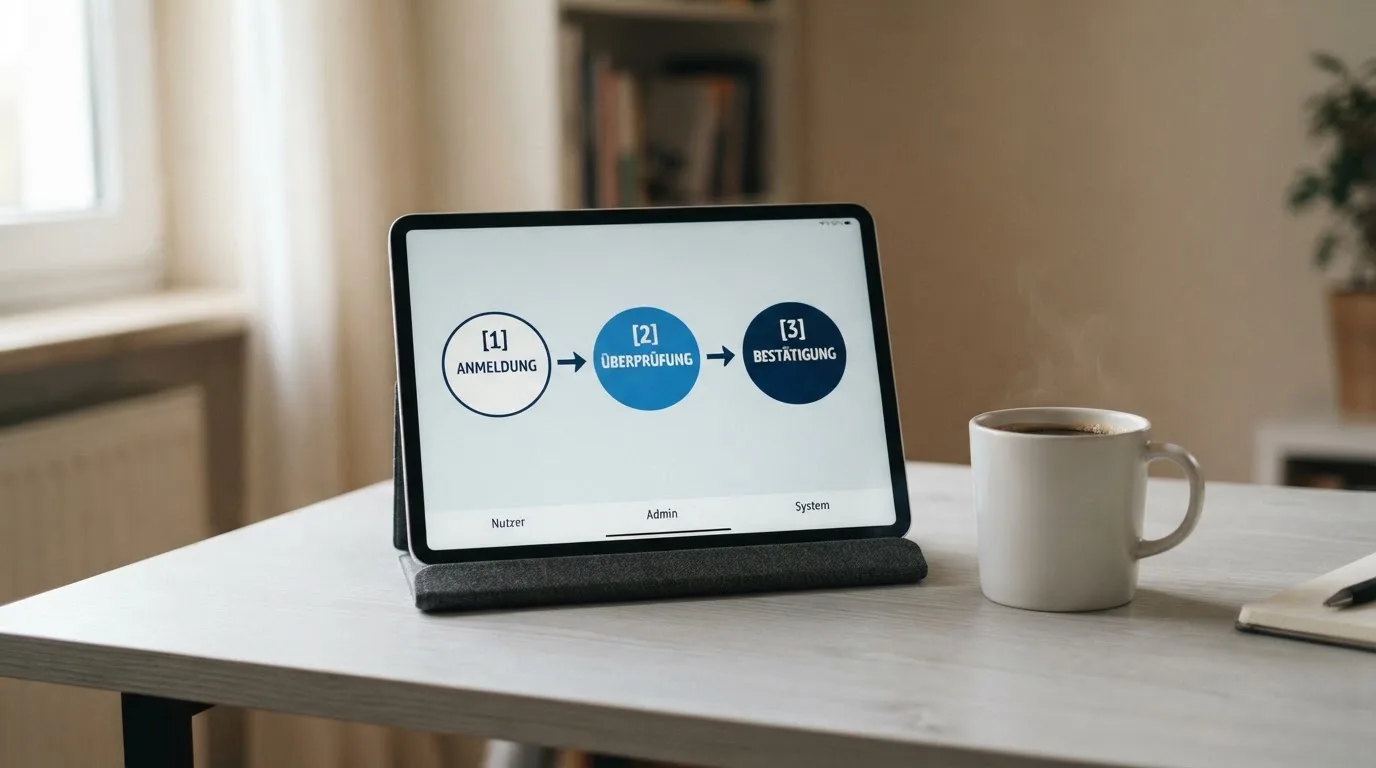 Schreibtisch mit einem Tablet, auf dem ein Schema mit nummerierten Schritten eines Anmeldevorgangs zu sehen ist, daneben ein Kaffeebecher.