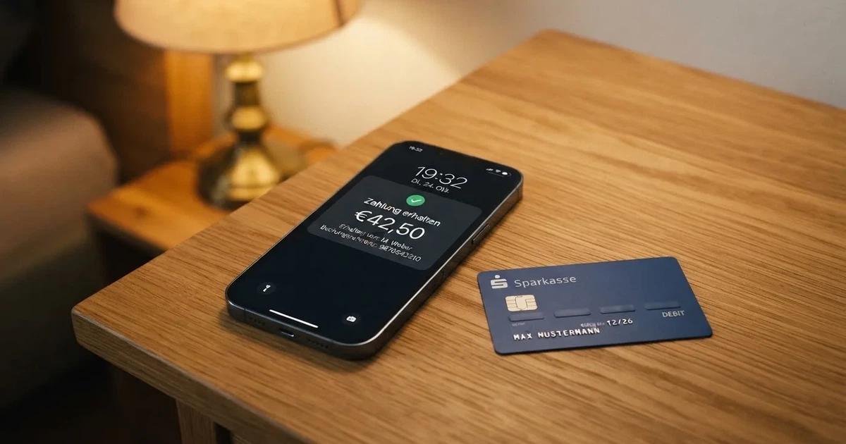 Schreibtisch mit einem Smartphone, auf dessen Bildschirm eine Kontobewegung mit Datum und Betrag in Euro angezeigt wird, daneben eine Bankkarte.