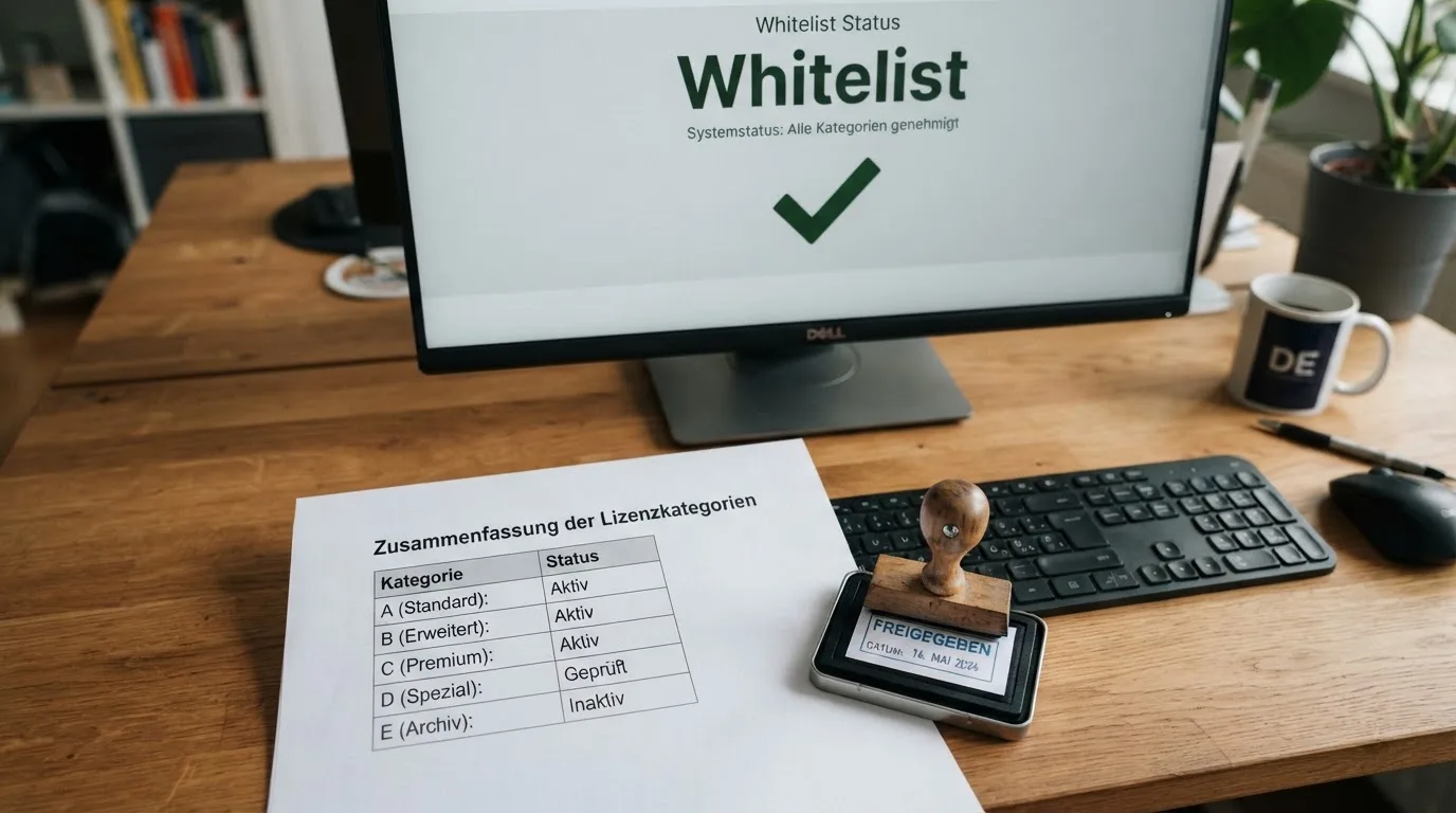Schreibtisch mit einem gedruckten Amtsdokument, einem Stempel und einem Bildschirm, auf dem eine offizielle Whitelist-Tabelle angezeigt wird.