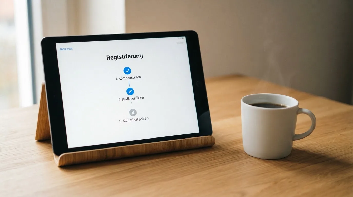 Schreibtisch mit einem Tablet, auf dem ein Schema mit nummerierten Schritten eines Anmeldevorgangs zu sehen ist, daneben ein Kaffeebecher.
