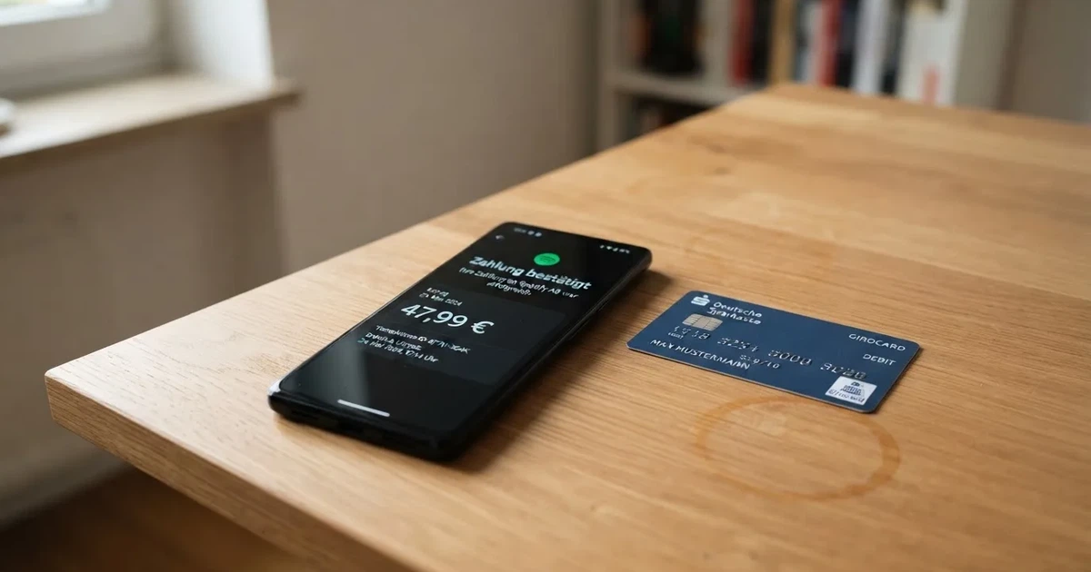 Schreibtisch mit einem Smartphone, auf dessen Bildschirm eine Kontobewegung mit Datum und Betrag in Euro angezeigt wird, daneben eine Bankkarte.