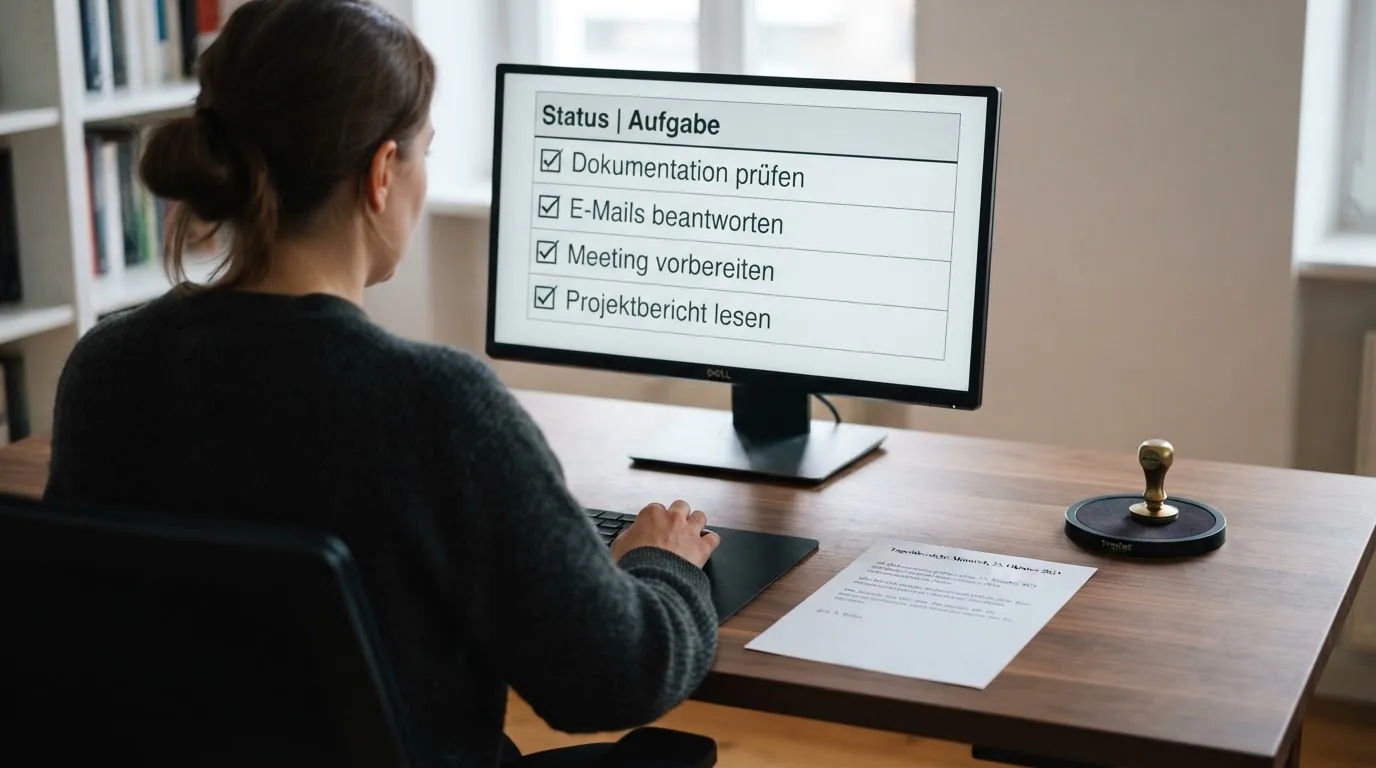 Schreibtisch mit einem gedruckten Amtsdokument, einem Stempel und einem Bildschirm, auf dem eine offizielle Whitelist-Tabelle angezeigt wird.