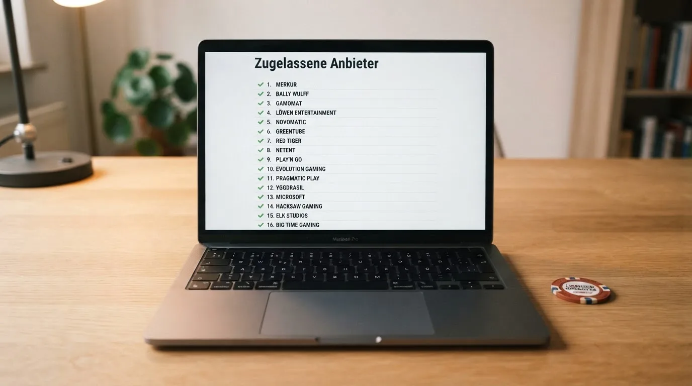 Nahaufnahme einer gedruckten Liste zugelassener Anbieter neben einem amtlichen Prüfsiegel.
