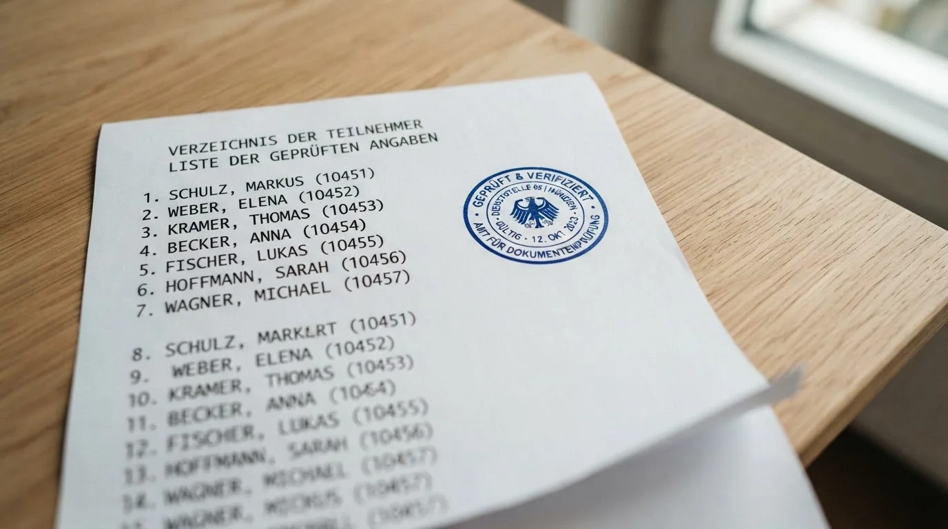 Nahaufnahme einer gedruckten Liste zugelassener Glücksspielanbieter neben einem amtlichen Prüfsiegel.