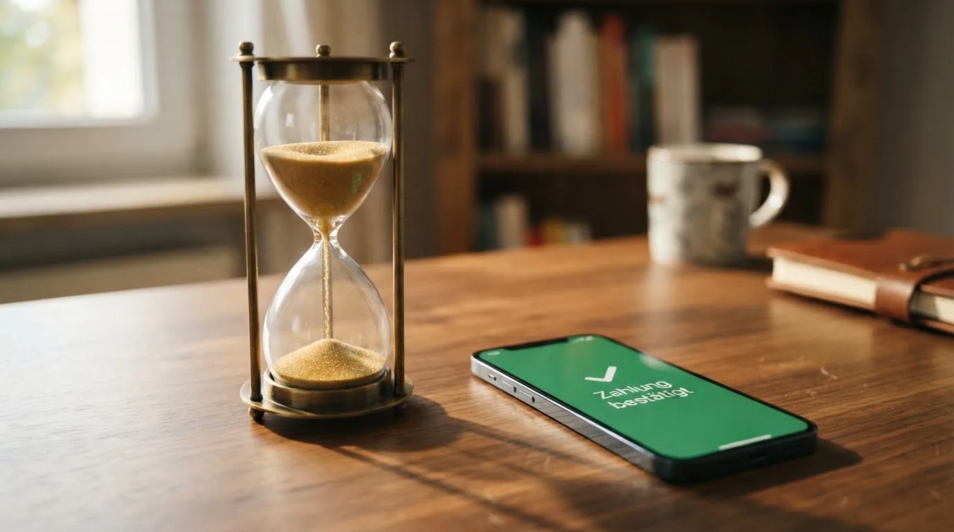 Nahaufnahme einer Sanduhr neben einem Smartphone-Bildschirm mit einer Zahlungsbestätigung.