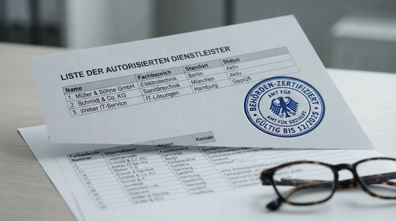Nahaufnahme einer gedruckten Anbieterliste neben einem amtlichen Prüfsiegel.