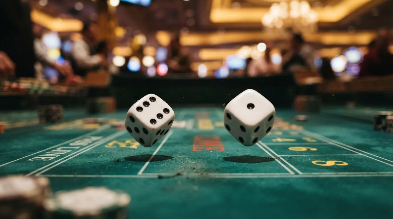 Nahaufnahme zweier rollender Würfel auf einem grünen Spieltisch.