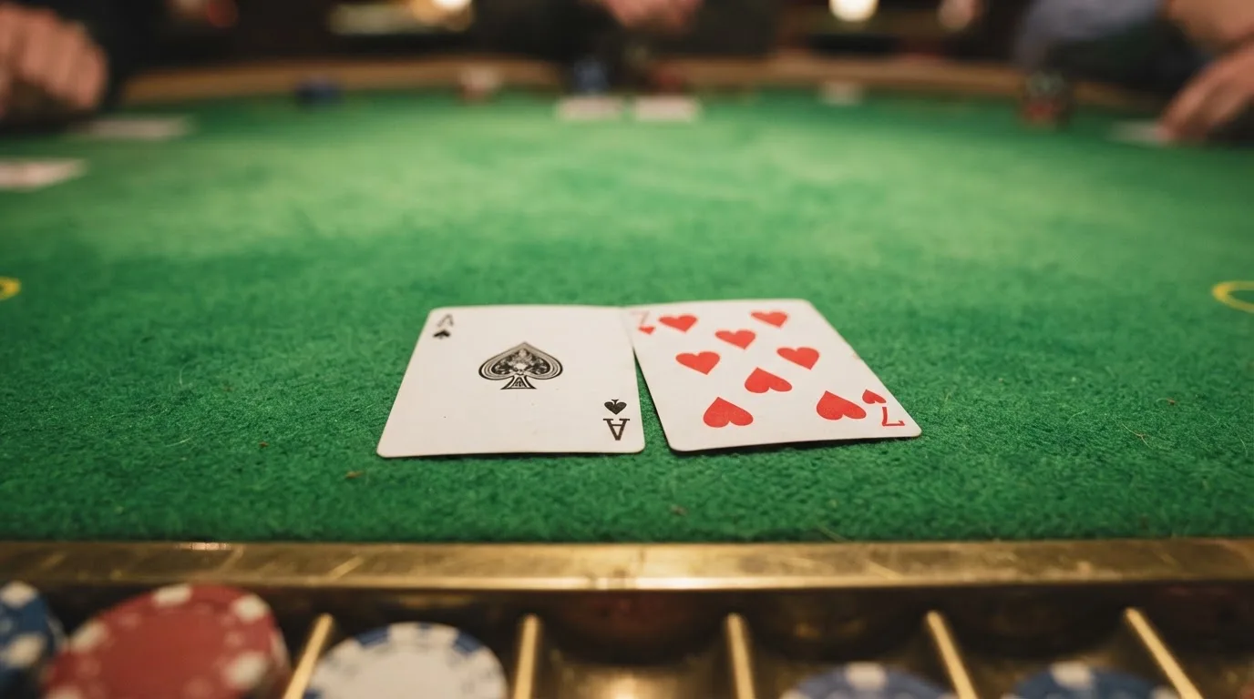 Nahaufnahme zweier aufgedeckter Spielkarten neben einem grünen Kartentisch.