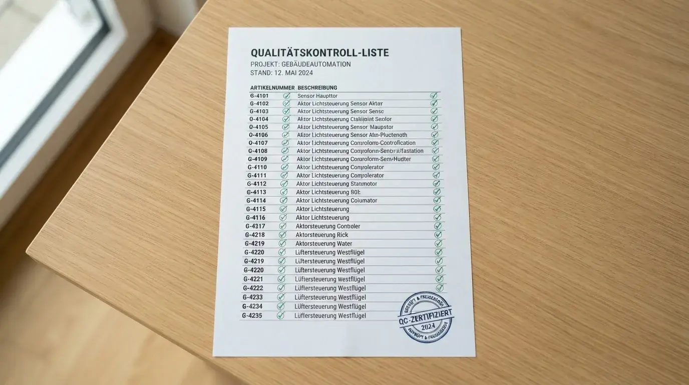 Nahaufnahme einer gedruckten Anbieterliste neben einem amtlichen Prüfsiegel.