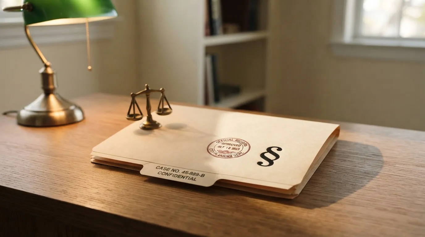 Symbolbild eines Aktenordners mit Paragraphenzeichen und einem Stempel auf einem Schreibtisch.