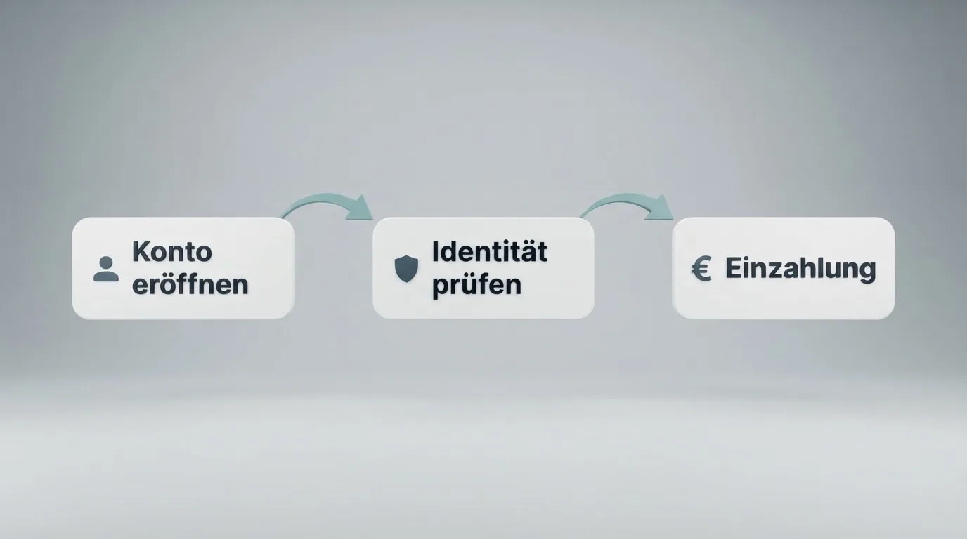 Schematische Darstellung eines Ablaufs von Kontoeröffnung über Identitätsprüfung bis zur ersten Einzahlung als einfaches Liniendiagramm.