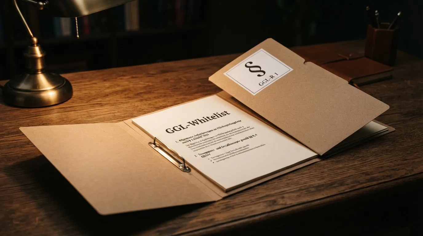 Aktenordner mit Paragraphenzeichen und Gesetzestext auf einem Holztisch.