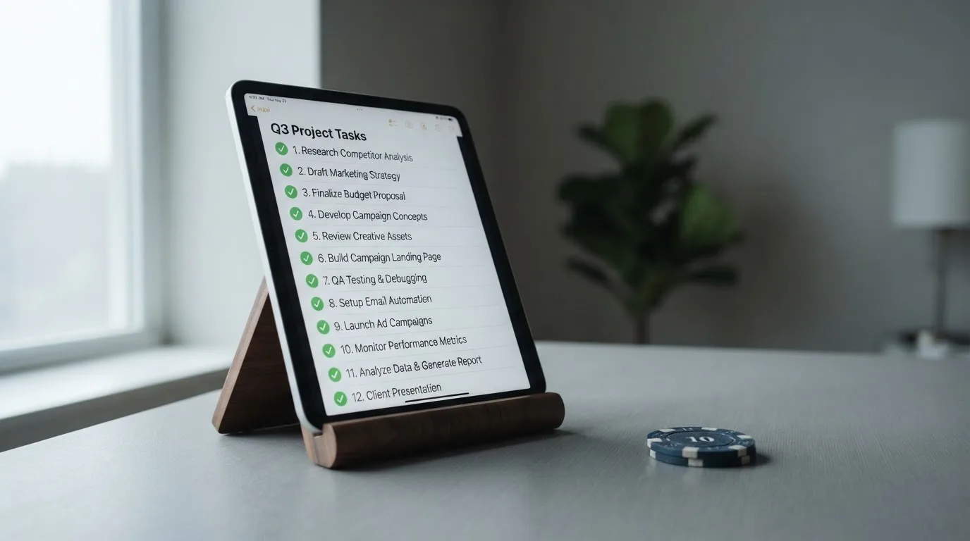 Tablet mit einer digitalen Liste und Häkchen-Symbolen auf einem Schreibtisch.