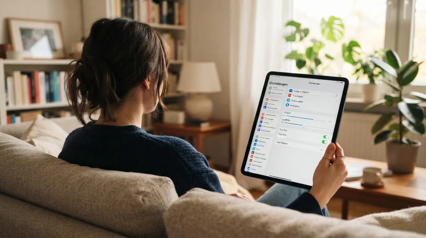 Person betrachtet nachdenklich eine App mit Einstellungsmenü auf einem Tablet in einem ruhigen Wohnzimmer.