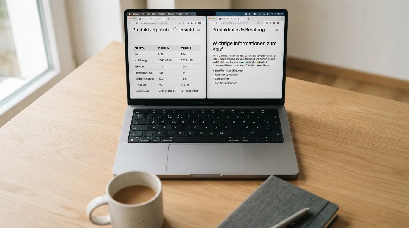 Zwei nebeneinander geöffnete Browser-Tabs auf einem Laptop-Bildschirm.