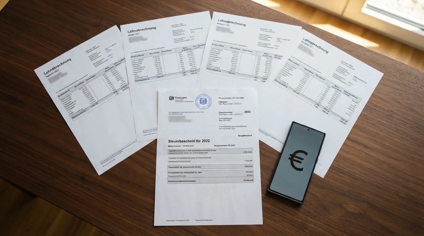 Person legt Gehaltsabrechnungen und einen Steuerbescheid auf einen Schreibtisch.