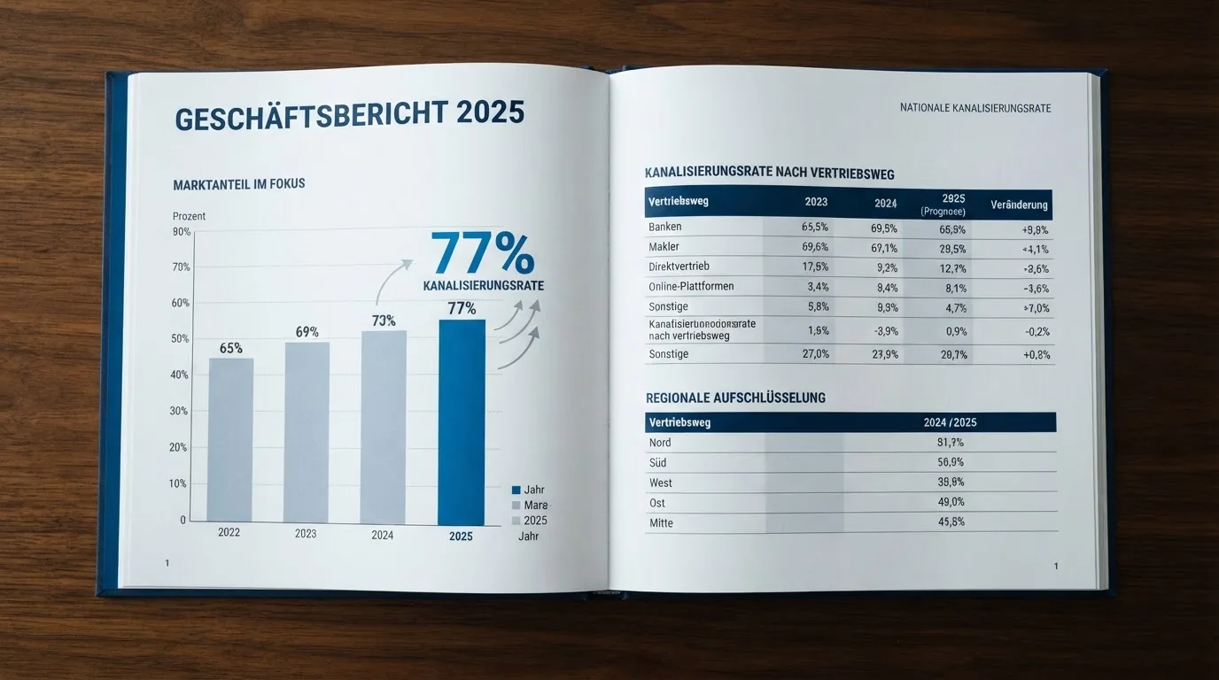 Aufgeschlagener amtlicher Bericht mit Tabellen und Prozentangaben auf einem Konferenztisch.