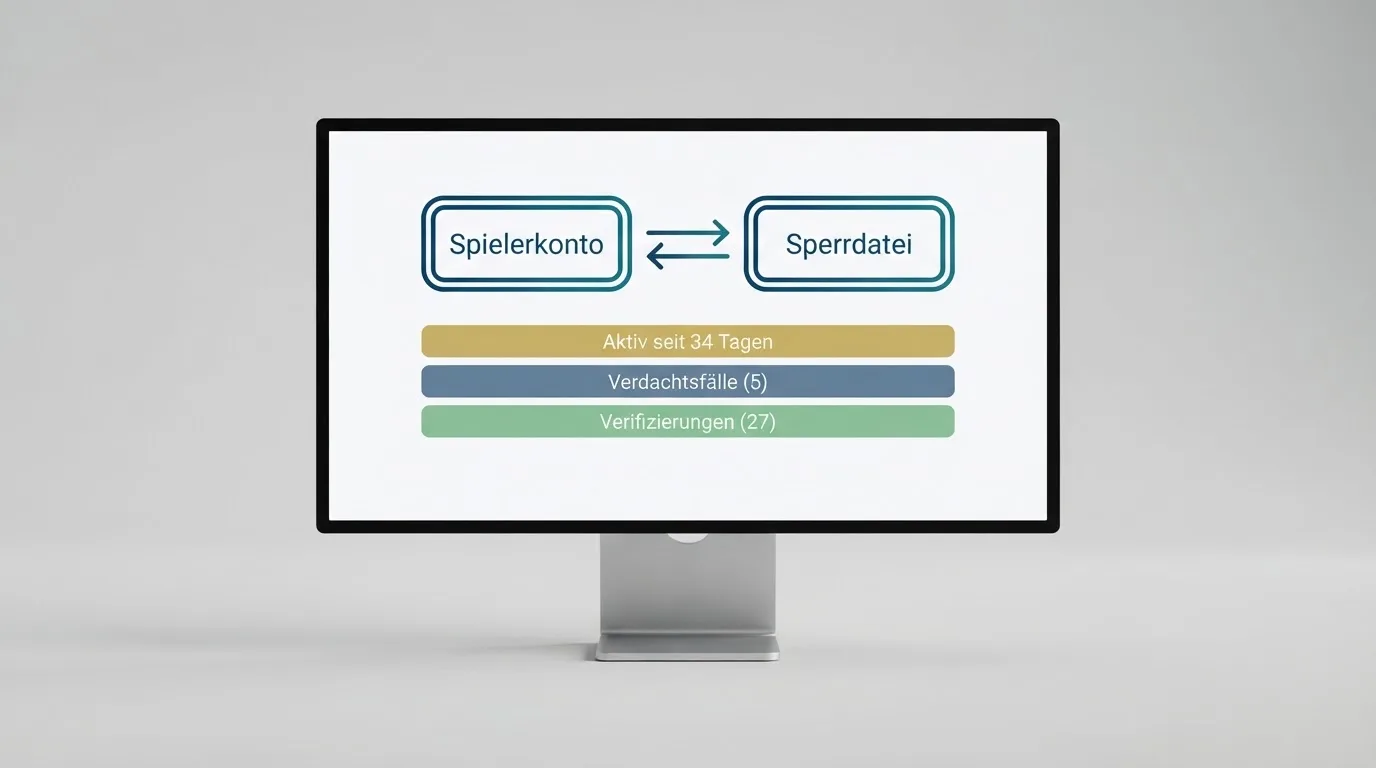 Schema eines Datenabgleichs zwischen einem Spielerkonto und einer zentralen Sperrdatei auf einem Monitor.
