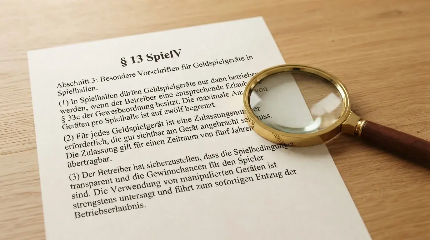 Gesetzestext-Auszug neben einer Lupe auf einem Schreibtisch.