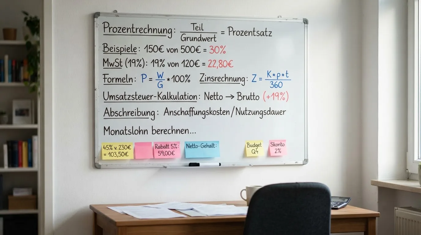 Rechenformel mit Prozentzahlen auf einem Whiteboard, umgeben von Notizzetteln.
