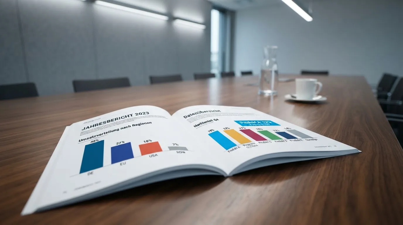 Amtlicher Bericht mit Diagrammen auf einem Konferenztisch.