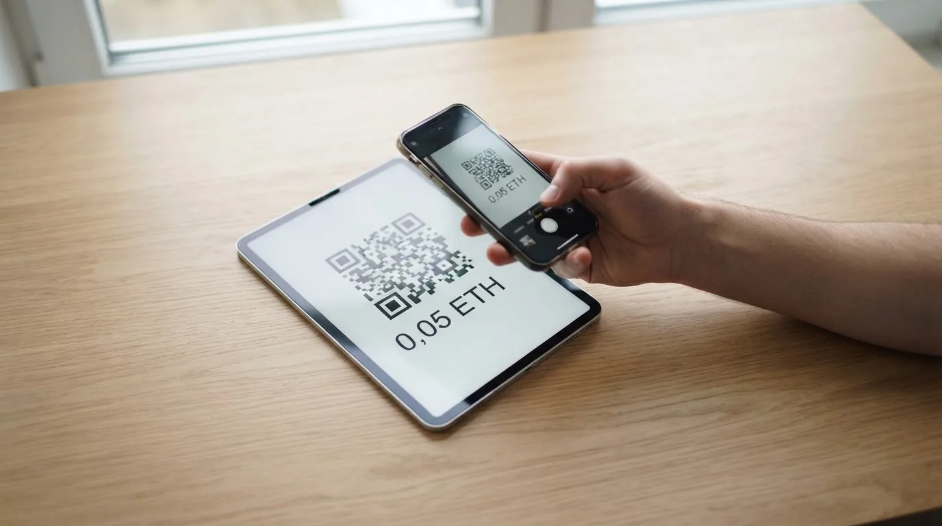 Nahaufnahme einer Hand, die auf einem Tablet einen QR-Code für eine Kryptowährungs-Einzahlung scannt.