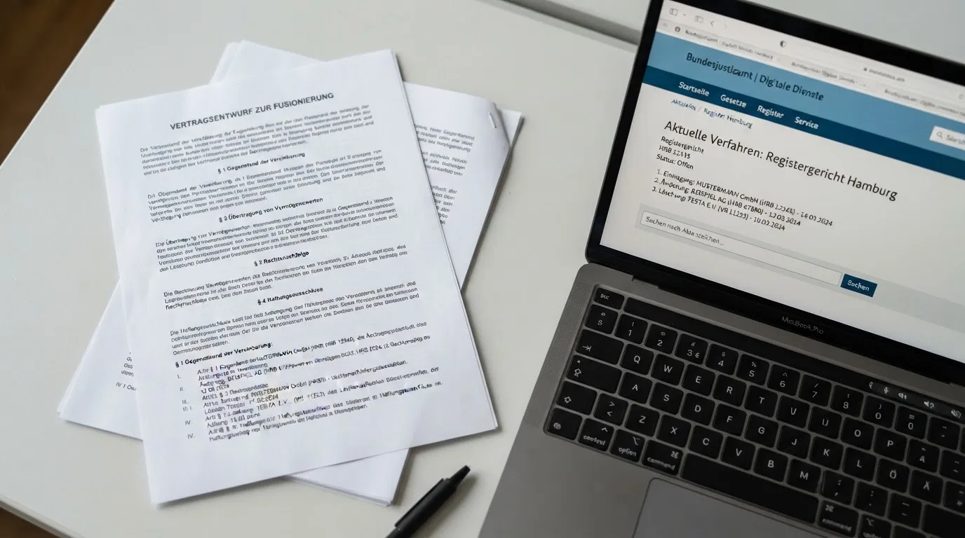 Nahaufnahme eines Gesetzestextes neben einem Laptop mit einer Behördenwebsite auf dem Bildschirm.