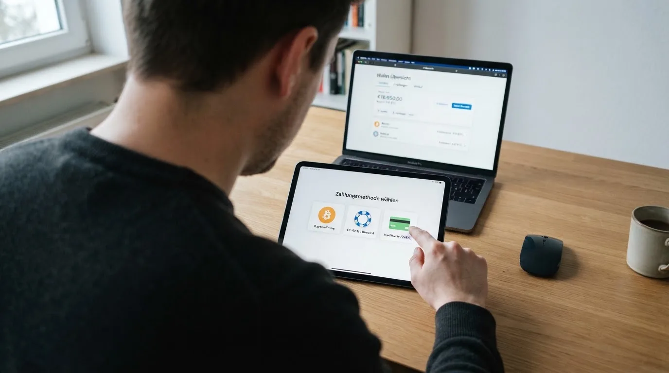 Person zeigt auf einem Tablet eine Liste von Zahlungsmethoden, während im Hintergrund ein Laptop mit einer Wallet-App steht.