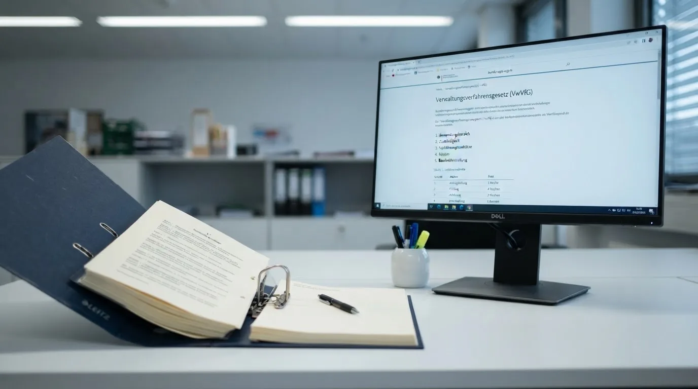 Nahaufnahme eines Aktenordners mit Paragraphenzeichen neben einem Computerbildschirm mit einer Behördenseite.
