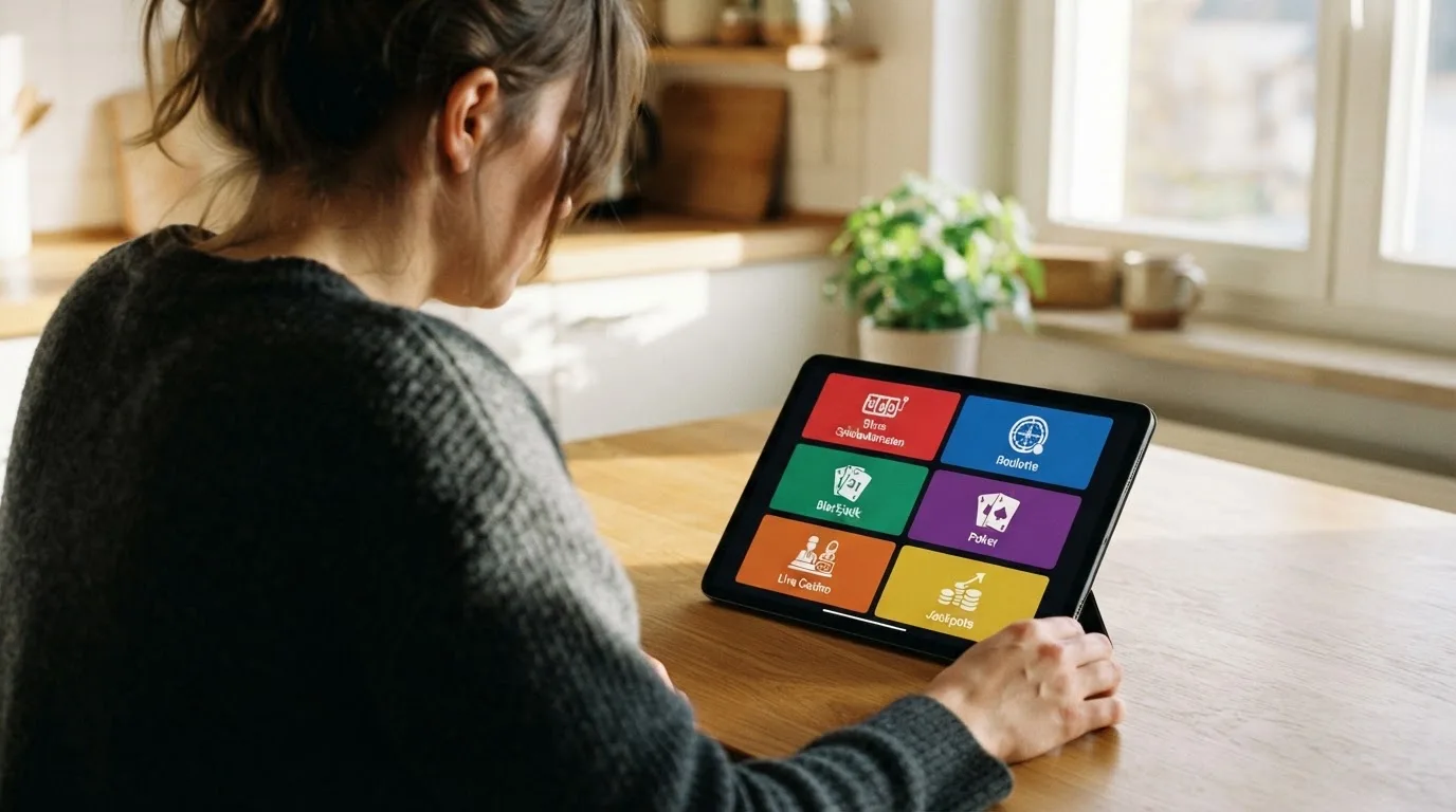 Person betrachtet auf einem Tablet eine Übersichtsseite mit mehreren Spielkategorien.