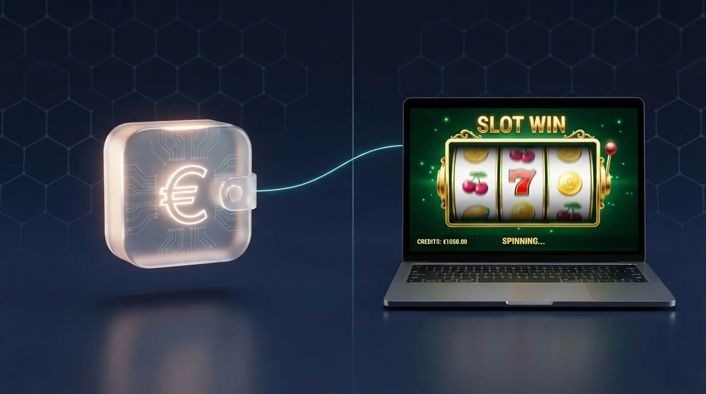 Nahaufnahme eines Bildschirms mit einer digitalen Wallet-Symbolgrafik neben einem Spielautomaten-Fenster.