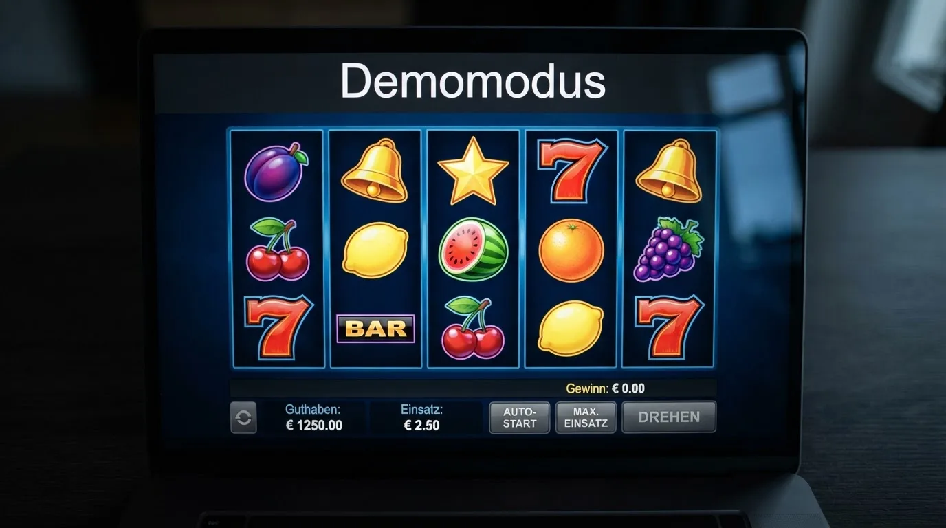 Nahaufnahme eines Bildschirms mit der Anzeige „Demomodus“ über einem Spielautomaten-Fenster.