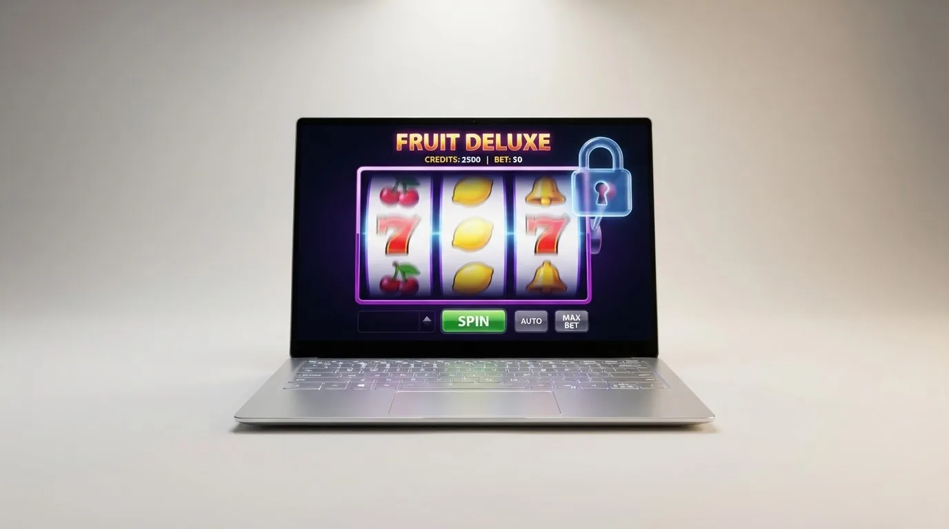 Nahaufnahme eines Laptop-Bildschirms mit einem Spielautomaten im kostenlosen Testmodus.