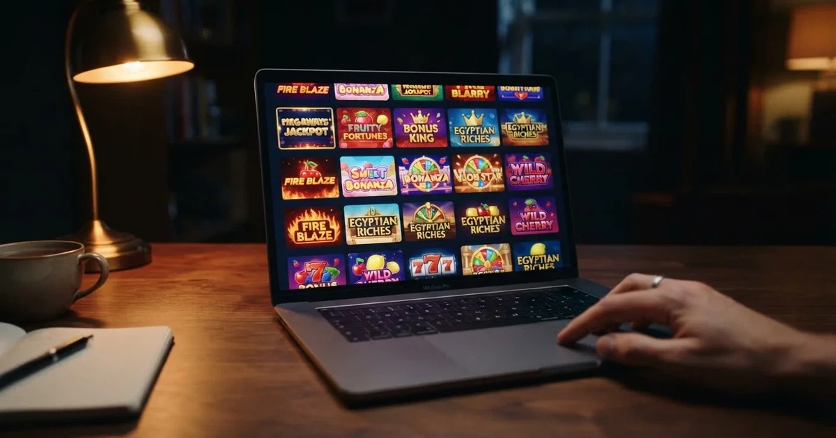 Nahaufnahme eines Bildschirms mit mehreren Vorschaubildern verschiedener Spielautomaten im Testmodus.