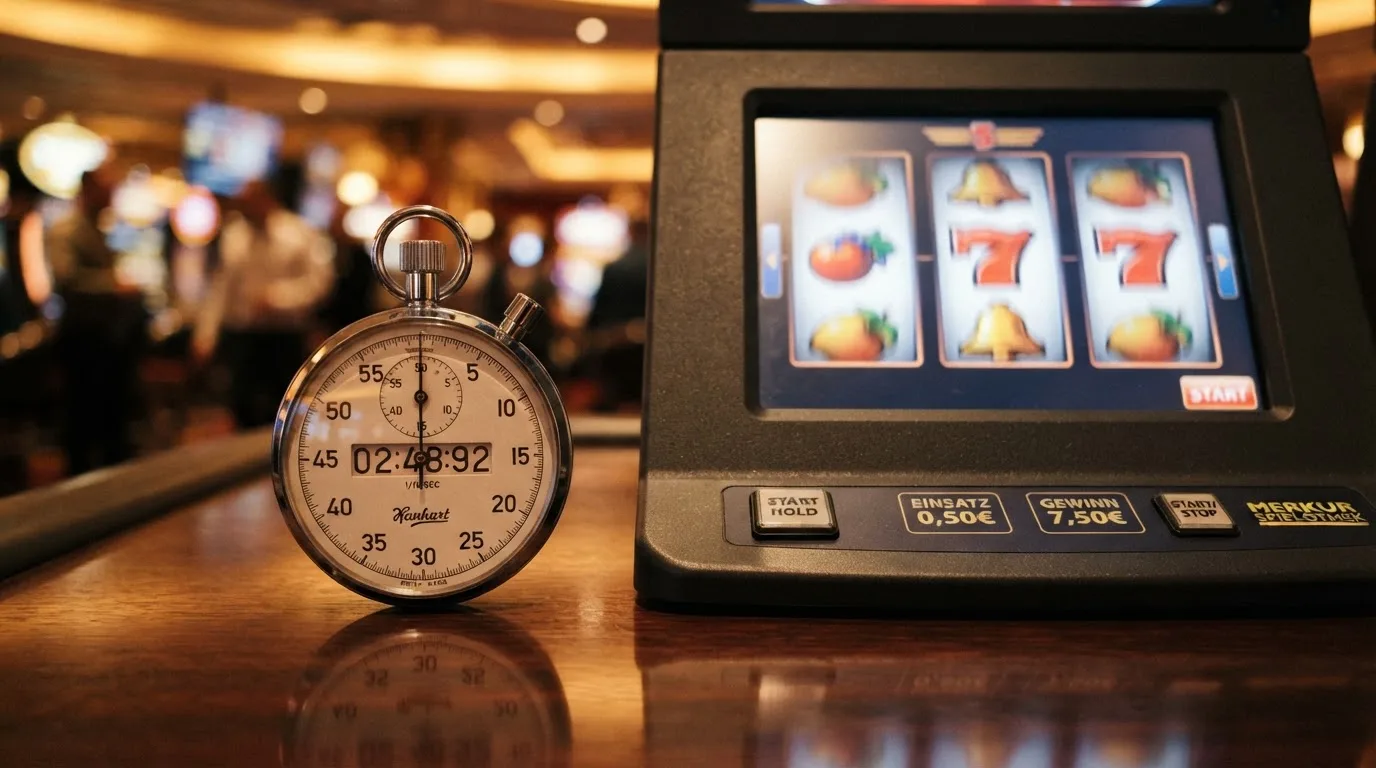 Symbolbild einer Stoppuhr neben einem Spielautomaten-Bildschirm, das ein Zeitintervall andeutet.